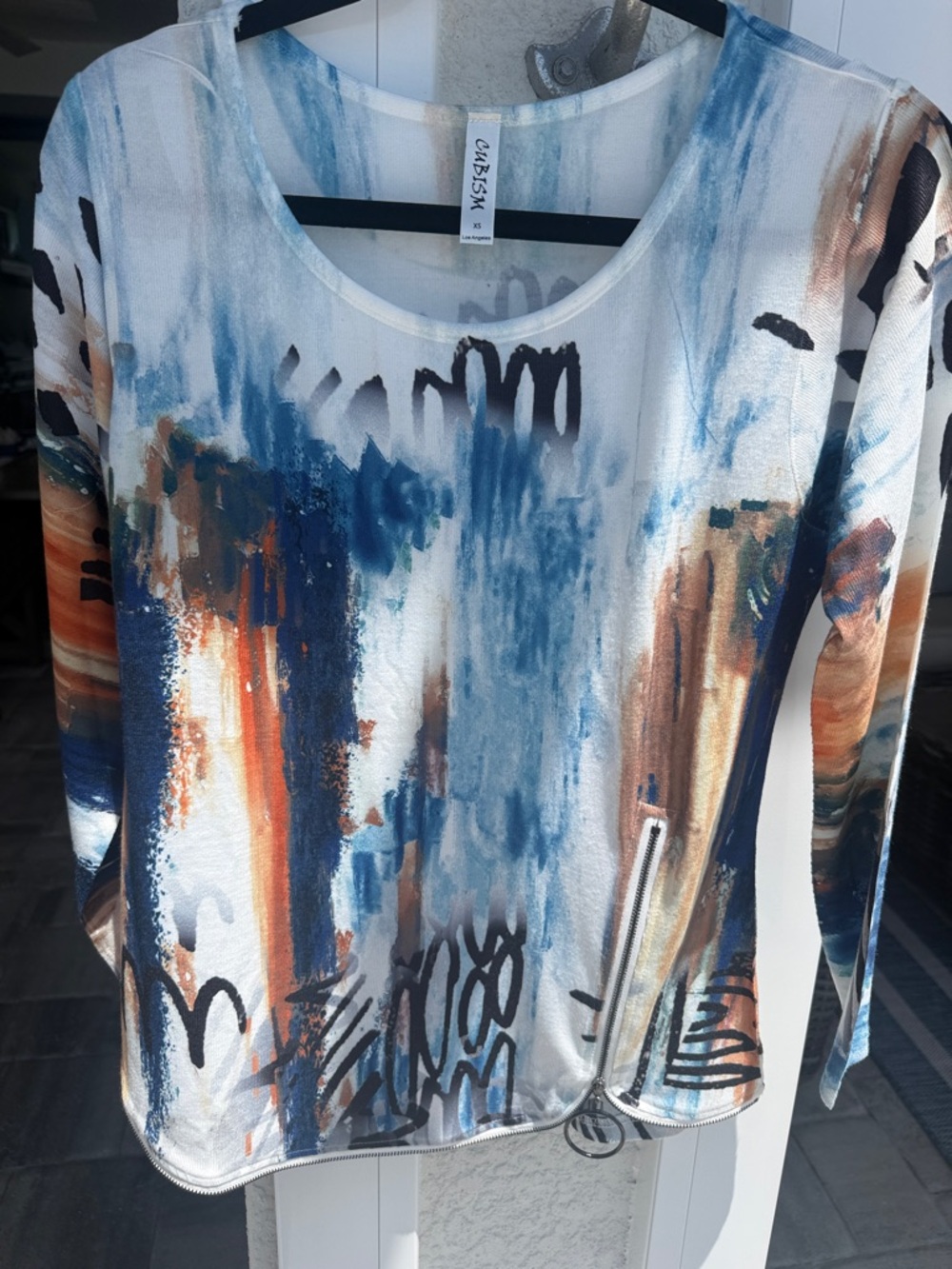 Casual Abstract Brushstroke Long Sleeve Top - Blue, Brown & Orange